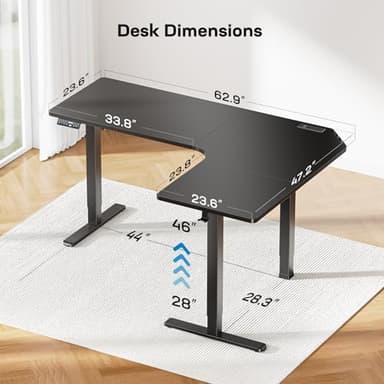 HUANUO 63″ Dual Motor L-Shaped Standing Desk, Built-in Power Outlets, Electric Height Adjustable Corner Computer Desk, Large Power Strip Holder, Sit Stand Up Desk with 3 Preset Heights, Black - Image 3