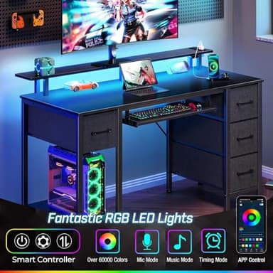 Seventable Computer Desk 47.2" with LED Lights & Power Outlets, Home Office Desk with 4 Drawers, Writing Desk with Keyboard Tray, Study Table with Monitor Stand, Work Desks for Home Office, Black - Image 4