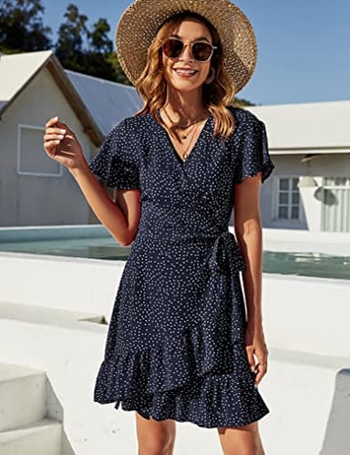 Naggoo Women's Summer Wrap V Neck Polka Dot Print Ruffle Short Sleeve Mini Dress with Belt Navy Blue S - Image 4