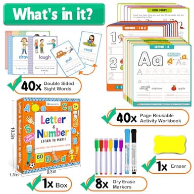 HOQEEWIPE Preschool Learning Activities - 60 Reusable Cards, Pre-K Kindergarten Workbook, Autism Supplies Montessori Educational Game, Sight Words & Handwriting Practice Book for Kids Ages 3 4 5 6 - Image 6