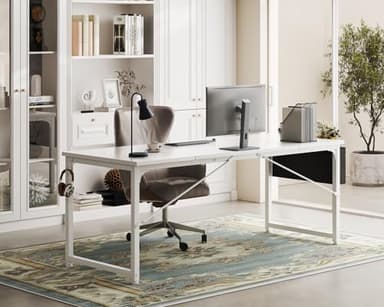 ODK Computer Desk Large Office Desk, 63 Inch Gaming Desk with Storage, Modern PC Work Table with Headphone Hook for Home Office, Splice Board, White + White Leg - Image 2