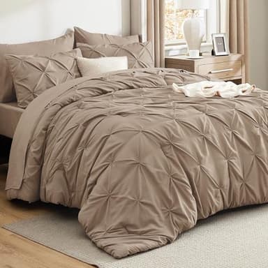Bedsure Full Size Comforter Sets - Bedding Sets Full 7 Pieces, Pintuck Bed in a Bag Khaki Bed Set with Comforter, Sheets, Pillowcases & Shams - Image 2