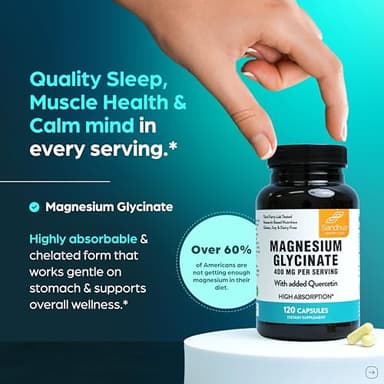 Sandhu's Magnesium Glycinate 400mg Capsules with Quercetin | Quality Sleep, Relaxation, Muscle Health & Immune Support | 120 Count (Pack of 1) | Easy to Swallow | for Women and Men - Image 2