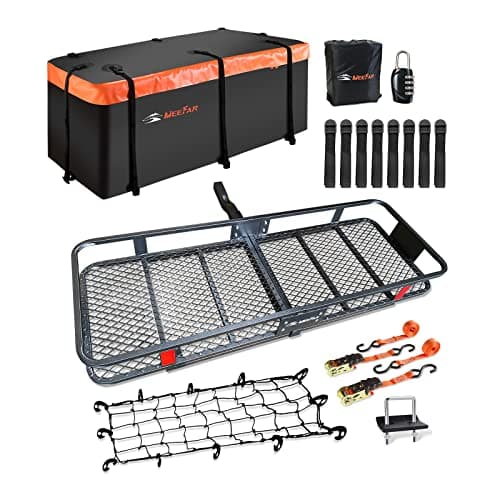 MeeFar Folding Hitch Mount Cargo Carrier Basket 60" X 20" X 6"+Waterproof Cargo Bag 16 Cubic Feet(58" 19" 24"),Hauling Weight Capacity of 500 Lbs and A Folding Arm.with Hitch Stabilizer,Net and Straps - Image 1