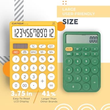 CATIGA 12 Digit Desktop Calculator Basic Desk Calculator with Large LCD Display, Big Buttons, 4 Function, Solar and Battery Dual Power, for Office, School, Home, SD-1292 Yellow - Image 2