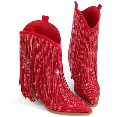 Ouepiano Red Cowboy Boots for Women - Red Cowgirl Rhinestone Boots with Sparkly Fringe Pointed Toe Western Boot Chunky Heel Pull-On Wide Calf Botas Vaqueras Size 10.5 - Image 6