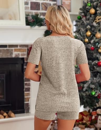 Ekouaer Womens 2 Piece Lounge Sets Summer Two Piece Outfits Ribbed Knit V Neck Short Sleeve Tee and Pockets Shorts Sets - Image 3