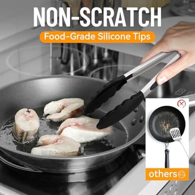 HOTEC Premium Stainless Steel Locking Kitchen Tongs with Silicon Tips, Set of 2-9" and 12" - Image 7