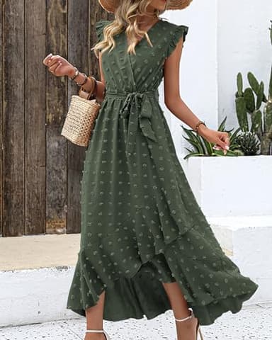 BTFBM Women V Neck Summer Dress 2025 Cap Sleeve Swiss Dot Boho Flowy Ruffle Slit Beach Party Long Maxi Cocktail Dresses(Army Green, Medium) - Image 6