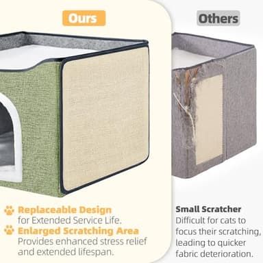 Purr&Knead Cat Bed for Indoor Cats with Large Replaceable Scratch Pad, Cat Cave with Hanging Toy Ball, Foldable Cat Hideaway, Covered Cat Bed Cave for Cat House(Green) - Image 2