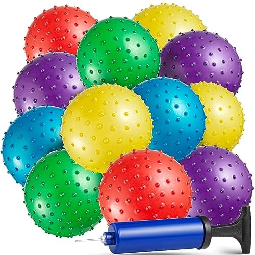 Bedwina Mini Knobby Balls - (Pack of 12) Bulk 5 Inch Sensory Balls and Spiky Massage Stress Balls with Pump, Fun Bouncy Ball Party Favors - Image 1