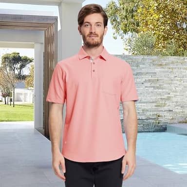 Mens Short Sleeve Polo Shirt Casual Cotton Polo Shirts Drop Cut Mens Regular Fit Polo with Pocket Coral Pink - Image 2