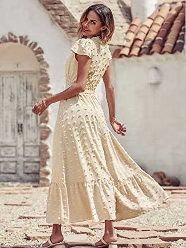 PRETTYGARDEN Womens Summer Dresses 2025 Casual Short Sleeve Swiss Dot Maxi Dress for Wedding Guest V Neck Flowy Long Dresses(Apricot, Medium) - Image 5