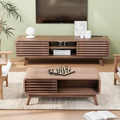 Royal Windsor Modern TV Stand for Living Room, Media Console Cabinet with Socket, Large Entertainment Center with Storage, TV Table with Slatted Sliding Doors and Open Shelves, Reddish Brown - Image 4