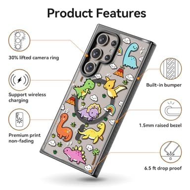 Rosarnnah Magnetic for Samsung Galaxy S24 Ultra Magsafe Case Cute Aesthetic - Durable Shockproof 6.6 ft Drop Impact Phone Case Cover with Funny Fashion Baby Dinosaur Design 6.8" Black - Image 5
