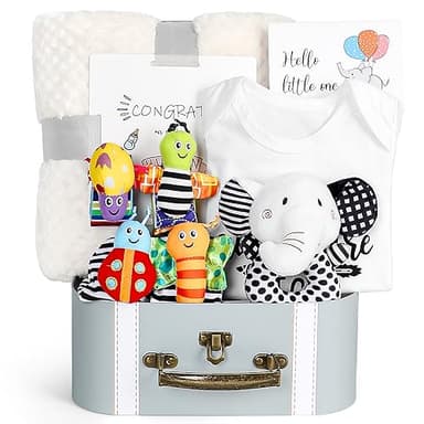 iAOVUEBY Baby Gift Set, Baby Shower Gifts, Black and White High Contrast Baby Toys 0-6 Months for Newborn Essentials Infant Rattle Socks Elephant Toys Blanket Onesies Baby Gift Basket for Girls Boys - Image 1