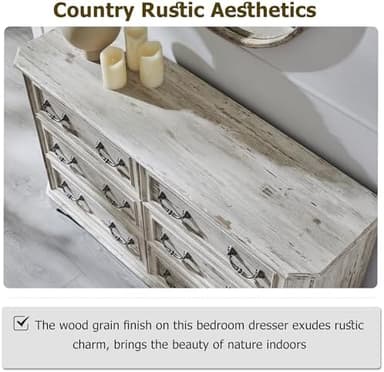 T4TREAM Farmhouse 6 Drawers Dresser for Bedroom, 54" Wide Wood Rustic Chest of Drawers with Natural Texture, Vintage Design, Storage Dressers Organizer for Bedroom, Living Room, Distressed White - Image 6