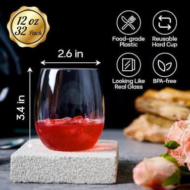 FOCUSLINE 32 Pack Plastic Wine Glasses Stemless, 12 Oz Crystal Clear Disposable Wine Cups, Reusable Plastic Wine Glasses for Parties Weddings, Shatterproof Recyclable and BPA-Free - Image 3