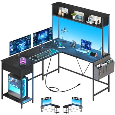 Yoobure L Shaped Desk Gaming Desk with LED Strip & Power Outlet, Reversible L-Shaped Computer Desk with Storage Shelf & Drawer, Corner Desk with Storage Bag, 2 Person Home Office Desk, Black - Image 1