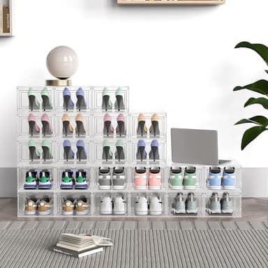 Mitees 10 Pack XX Large Thicken Sturdy Hard Plastic Clear Stackable Shoe Storage Boxes for Size 12, Sneaker Shoe Rack Containers Holders Bins Display Case Organizer for Closet, White - Image 9