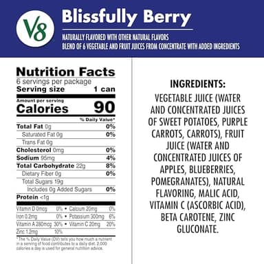 V8 Blissfully Berry 100% Fruit and Vegetable Juice, 8 fl oz Can (24 Pack) - Image 2