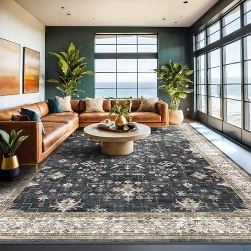 Black Boho Rug for Living Room 9x12 - Washable Dining Room Rugs for Under Table, Vintage Soft Low Pile Carpet for Bedroom, Non-Slip Farmhouse Bohemian Large Tumble Rug for High Traffic Area - Image 1