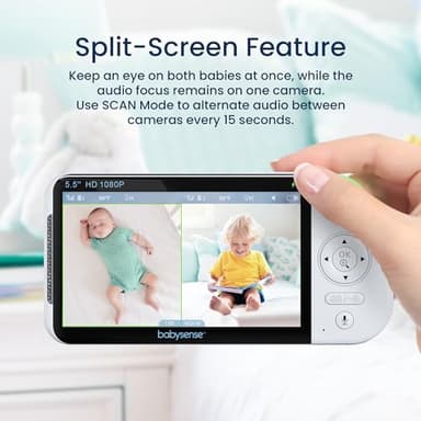 Babysense 5.5” 1080p Full HD Split-Screen Baby Monitor, Video Baby Monitor with 2 Cameras and Audio, 6-Color RGB Night Light, 1000ft Range, Two-Way Audio, 4X Zoom, 5000mAh Battery - Image 2