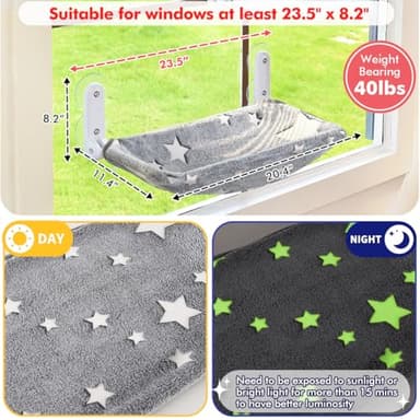 Zoratoo Cat Window Perch, Glow in The Dark Cordless Foldable Pet Hammock Bed for Window with Sturdy Metal Frame, Glowing Stars Pattern Resting Seat for Indoor Cats (Stars - M) - Image 4