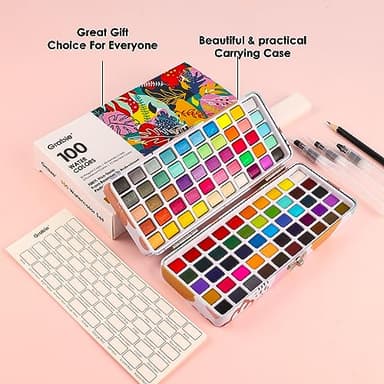 Grabie 100 Colors Watercolor Paint Set - 50 Regular, 35 Metallic, 10 Macaron and 5 Fluorescent Colors - Portable with Carrying Case, Water Brush Pens, and Accessories - For Beginners and Professionals - Image 2