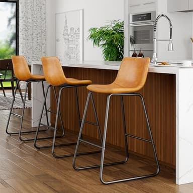 Aowos Bar Stools Set of 2, Modern Counter Height Bar Stools with Back, 26 inch Faux Leather Bar Stools with Metal Legs and Footrest, Urban Armless Dining Chairs for Kitchens Island (Brown) - Image 6