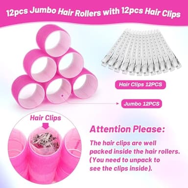 Jumbo Hair Curlers Rollers, 12Pcs 60mm Jumbo Hair Roller Curlers Self Grip Holding Rollers with 12Pcs Hair Clips for Long Straight Thick Hair (Rose Red) - Image 6