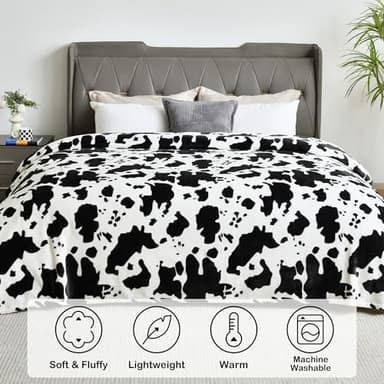 Softan Fleece Blanket - Black White Cow Print Throw Blanket - Fuzzy Lightweight Super Soft Microfiber Flannel Blankets for Couch, Bed, Sofa - Ultra Luxurious Warm and Cozy for All Seasons (90"×90") - Image 3
