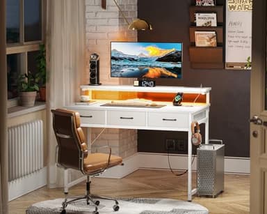 ODK 40 Inch Small Computer Desk with 3 Drawers and USB Power Outlets, Home Office Desks with LED Lights and Adjustable Monitor Stand, Work from Home, Modern Work/Writing/Study Table for Bedroom, White - Image 8