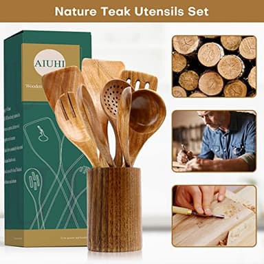 AIUHI Wood Spoons for Cooking, Nonstick Kitchen Utensil Set, Wooden Spoons Cooking Utensil Set Non Scratch Natural Teak Wooden Utensils for Cooking (Teak 8 Pack) - Image 4