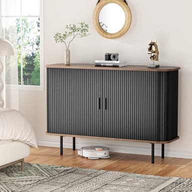 47''W x 32''H Storage Cabinet, Fluted Sideboard Buffet Cabinet with Storage, Console Table Credenza with Tambour Slatted Sliding Doors and Shelves for Living Room, Kitchen, Black - Image 9