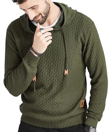 Zaitun Mens Hooded Sweatshirt Long Sleeve Solid Knitted Hoodie Pullover Sweater Army Green - Image 2