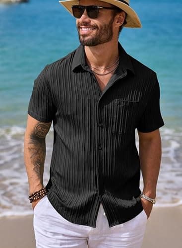 JMIERR Men's Summer Linen Shirts Short Sleeve Button Down Black Shirts for Men Textured Fashion Holiday Beach Casual Shirt, 2XL, - Image 7