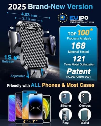 [2025 True Military-Grade] Car Phone Holder VANMASS [Upgraded Strongest Suction & Clip] Cell Phone Mount for Dashboard Windshield Vent, Truck Cradle Stand for iPhone 17 Pro Max 16 15 14 Android Camera - Image 5