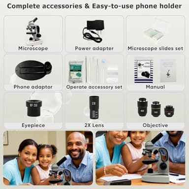 Monocular Compound Microscope for Adults&Study Beginners,- 40X-2000X,Lighting Microscope for Home eduaction with Slides Set, Experiment Kit(White & Black) - Image 6