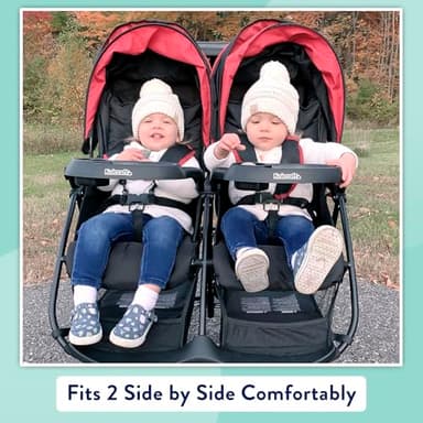 Kolcraft Cloud Plus Lightweight Double Stroller Side-by-Side for Infant Toddler, Compact Folding Travel System with Reclining Seats, Canopies, Storage Basket, Trays, Easy Maneuver – Red Black - Image 9