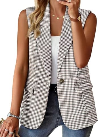 Mina Self Fall Vest Blazer For Women Plaid Houndstooth Tan Oversize Tops Jacket Business Casual Womens Work Outfits Clothes Top Vests Blazers KG L - Image 1
