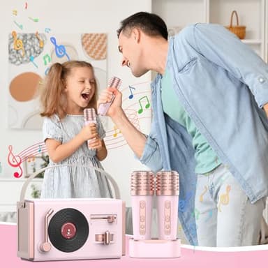 WowMoment Mini Karaoke Machine for Kids&Adults, Portable Bluetooth Speaker with 2 Wireless Microphones and Charging Pod, Stereo Sound Enhanced Bass and 5 Unique Sound, Gifts for Girls, Pink - Image 2