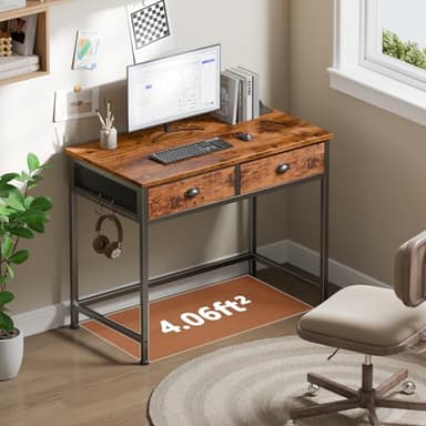 Furologee Small Computer Desk with 2 Fabric Drawers for Bedroom,34 Inch Home Office Writing Desk, Vanity Desk with Hooks, Simple Study Desk for Small Spaces, Makeup Dressing Table, Rustic Brown - Image 2
