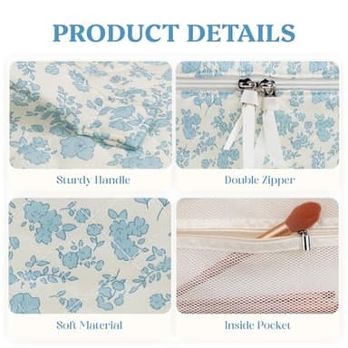 Prite Large Makeup Bag Cute Cosmetic Bag for Women Floral Coquette Aesthetic Toiletry Bag Travel Make Up Organizer Bag(Blue Flower) - Image 4