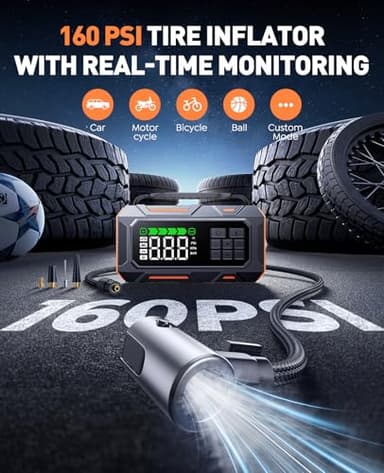 14-in-1 Car Jump Starter, 7000A Jump Starter Jump Box (All Gas 12L Diesel), Jumper Cables Jumper Starter Portable with Air Compressor 160PSI, Car Roadside Emergency Kit, Tow Rope, Gloves, Lights - Image 6