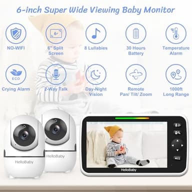 HelloBaby Digital Media Receiver for Car, 6'' World First IPS Split-Screen 30H Battery, No WiFi 2-Way Audio, Video, VOX, Double Cameras Pan-Tilt-Zoom, Night Vision, 8 Lullabies, 1000ft for Car - Image 2