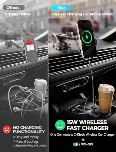 CHGeek Wireless Car Charger with Phone Holder Mount, 15W Fast Charging Auto Clamping Phone Holders for You Car Windshield Dashboard Air Vent Accessories for iPhone, Samsung Galaxy, Google, etc - Image 3
