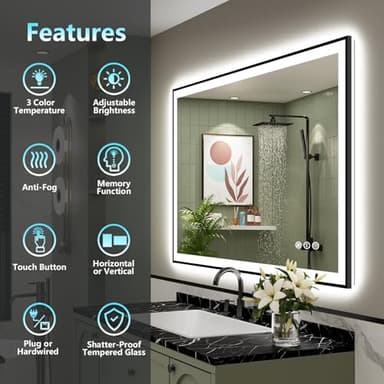 AWANDEE 40x30 Black Framed LED Bathroom Mirror with Lights, Backlit + Front Lit, Anti-Fog Lighted Vanity Mirror for Bathroom Wall with 3 Colors, Dimmable, Memory, Tempered Glass, Horizontal/Vertical - Image 2
