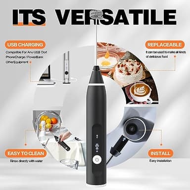 Milk Frother Rechargeable Handheld Electric Whisk Coffee Frother Mixer with 2 Stainless Whisks 3 Speed Adjustable Foam Maker Blender for Coffee Matcha Latte Cappuccino Hot Chocolate（Black） - Image 3
