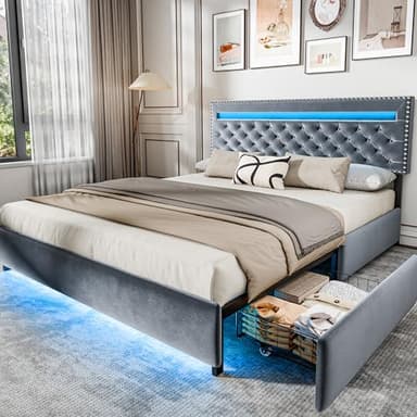 BedsPick Queen Size Bed Frame with LED Lights, Velvet Upholstered Platform Queen Bed Frame with 2 Storage Drawers and Adjustable Headboard, No Box Spring Needed Queen Bedframe, Noise Free, Light Grey - Image 1